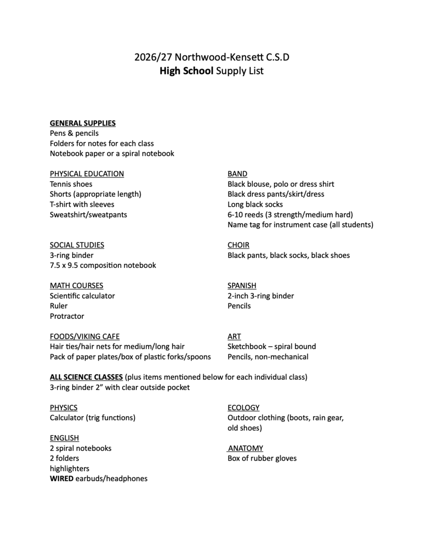 Northwood-Kensett - 2026-2027 School Supply List (HS)